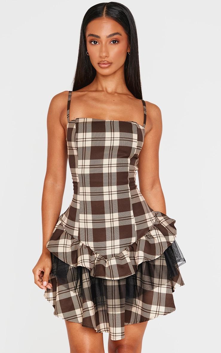 Petite Brown Check Strappy Rara Mini Dress Product Image