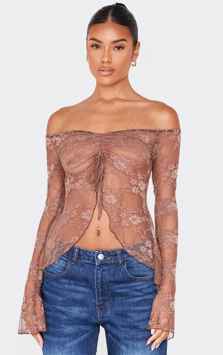 Taupe Bardot Lace Detail Flared Sleeve Long Top Product Image