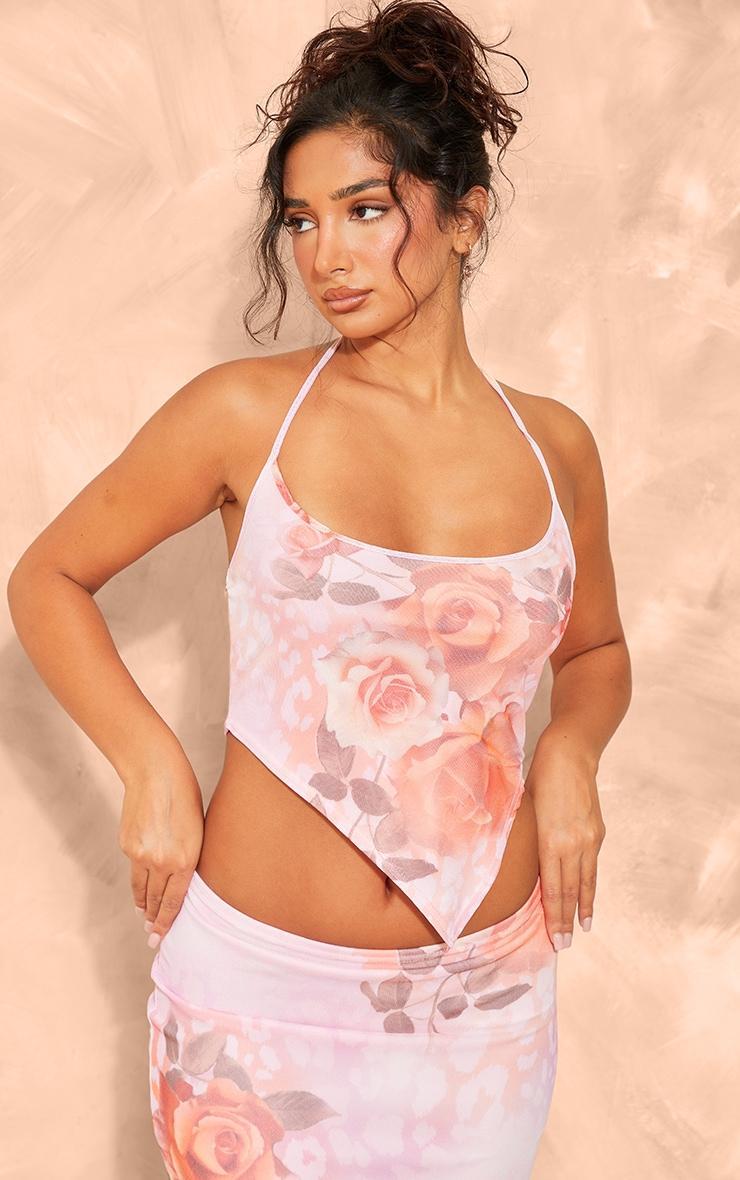 Petite Pink Printed Mesh Halterneck Crop Top Product Image