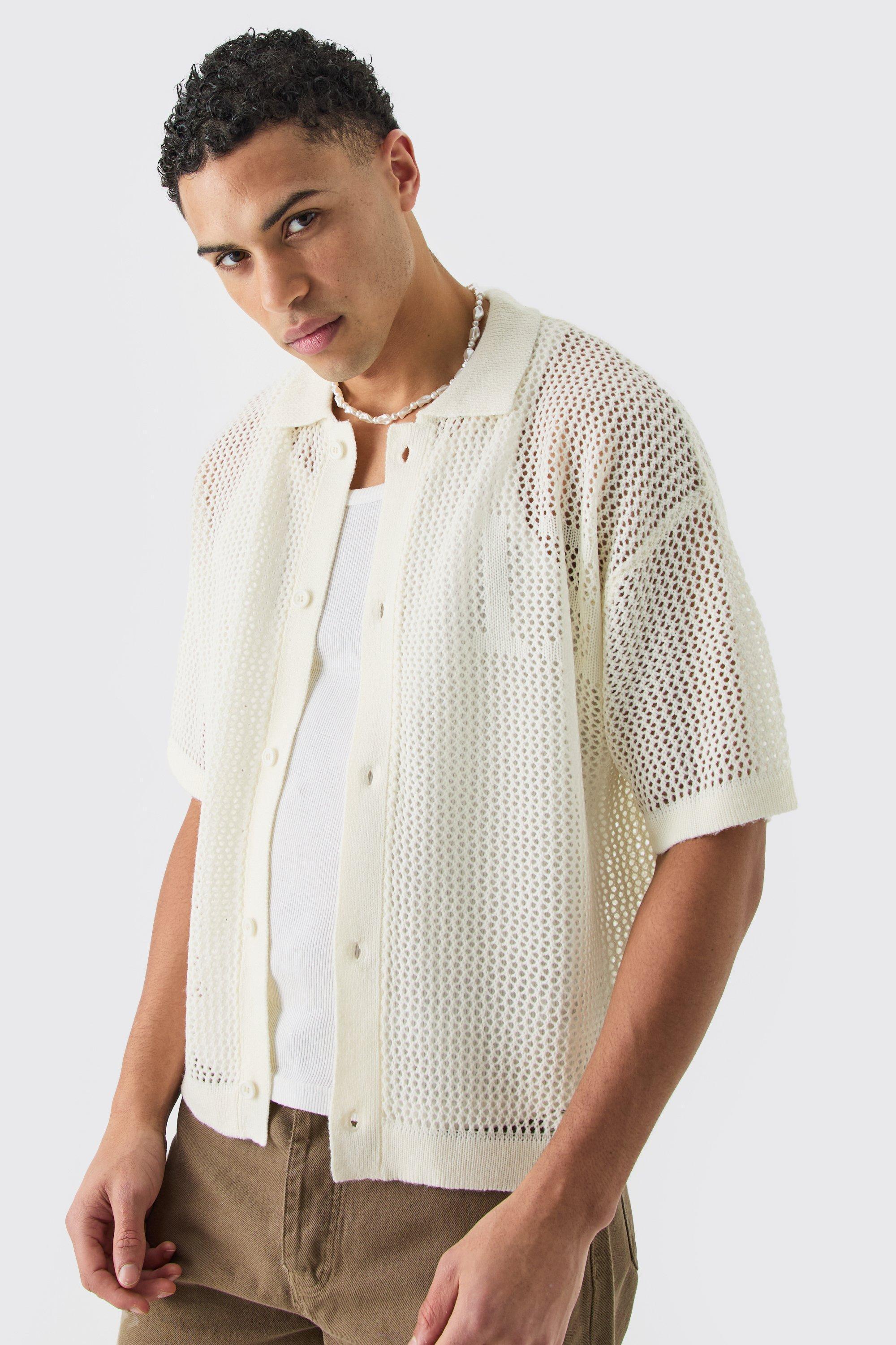 Short Sleeve Boxy Open Stitch Varsity Knit Shirt In Ecru | boohooMAN USA Product Image