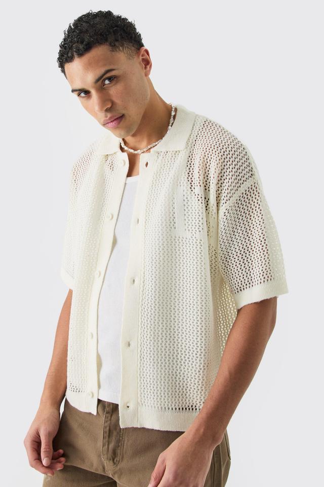 Short Sleeve Boxy Open Stitch Varsity Knit Shirt In Ecru | boohooMAN USA Product Image