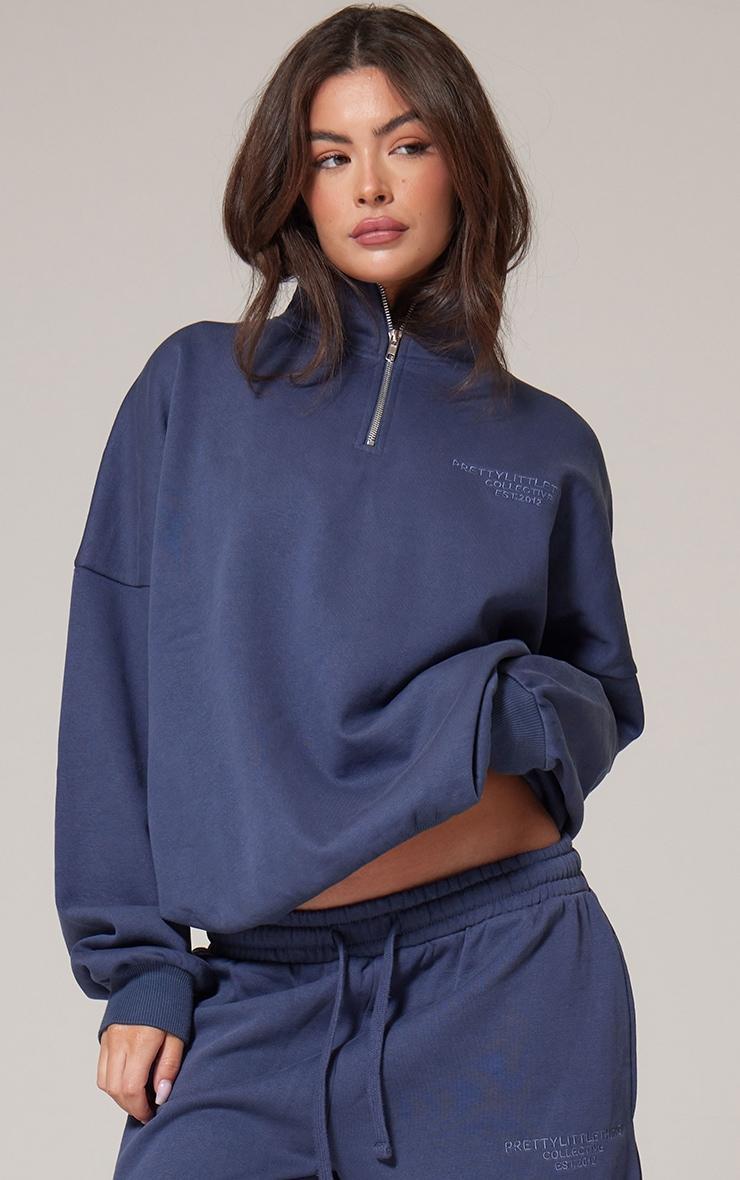 PRETTYLITTLETHING Navy Premium Print Half Zip Sweatshirt Product Image