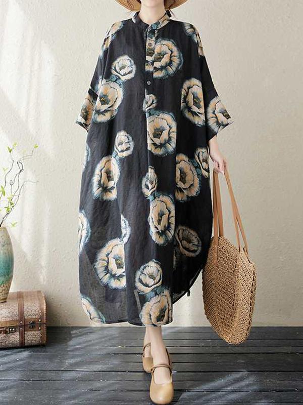 Loose Three-quarter Sleeves Buttoned Flower Print Stand Collar Midi Dresses Product Image