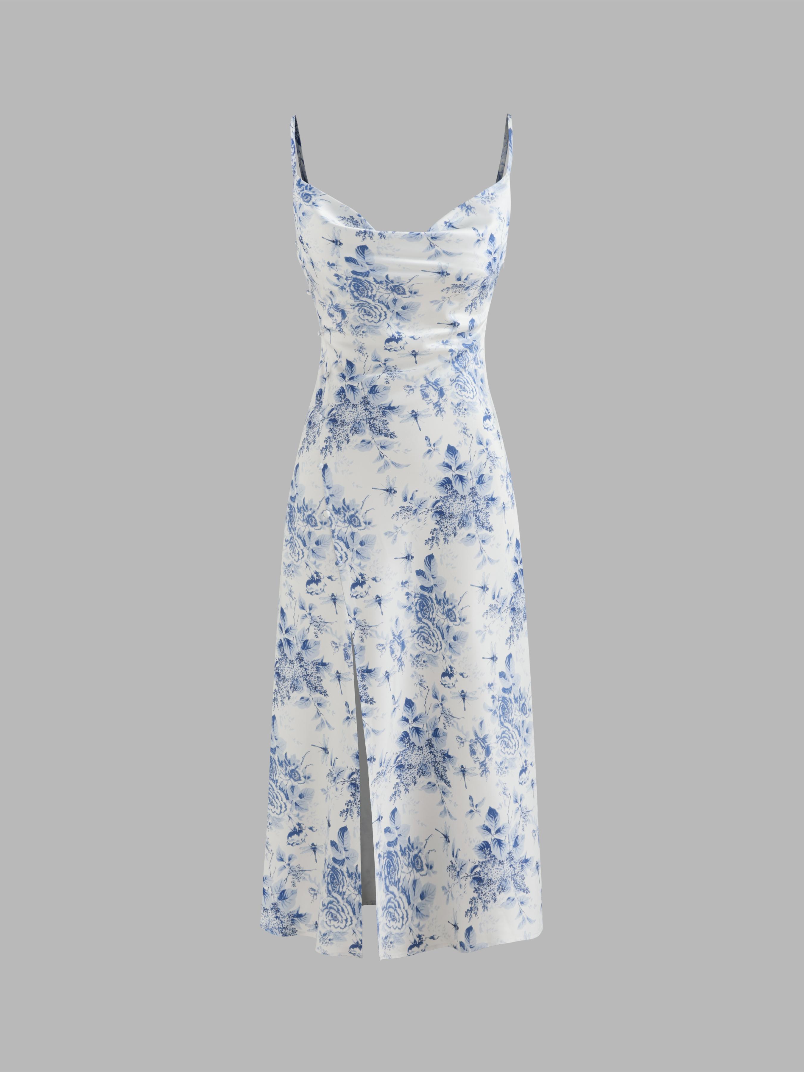 Satin Cowl Neck Floral Split Maxi Dress Product Image