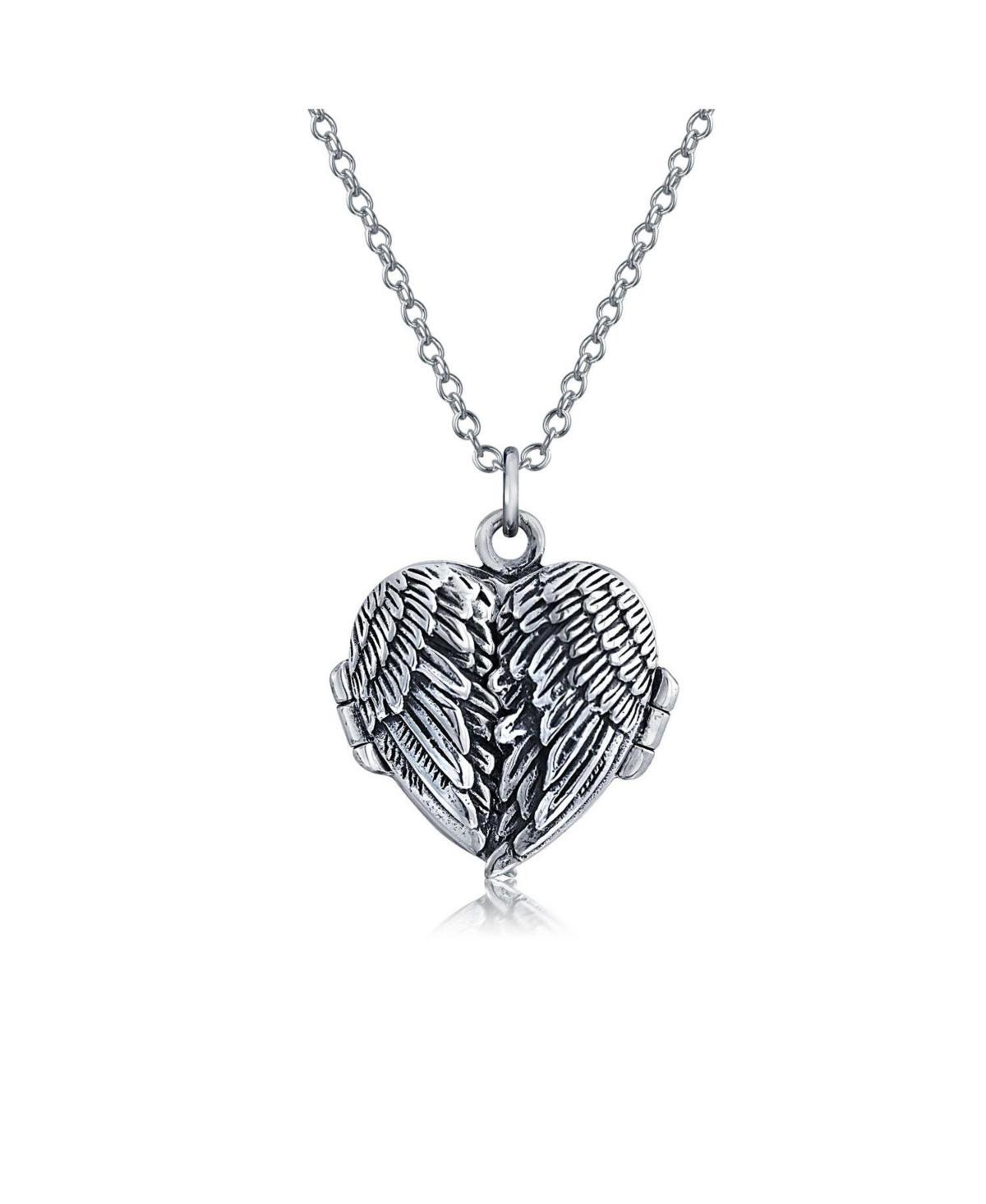 Bling Jewelry Dome Large Guardian Angel Wing Feathered Heart Shaped Photo Locket For Women Holds Photos Pictures Oxidized Silver Necklace Pendant - Si Product Image