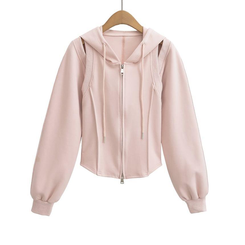 Plain Cutout Cropped Zip Up Hoodie Product Image