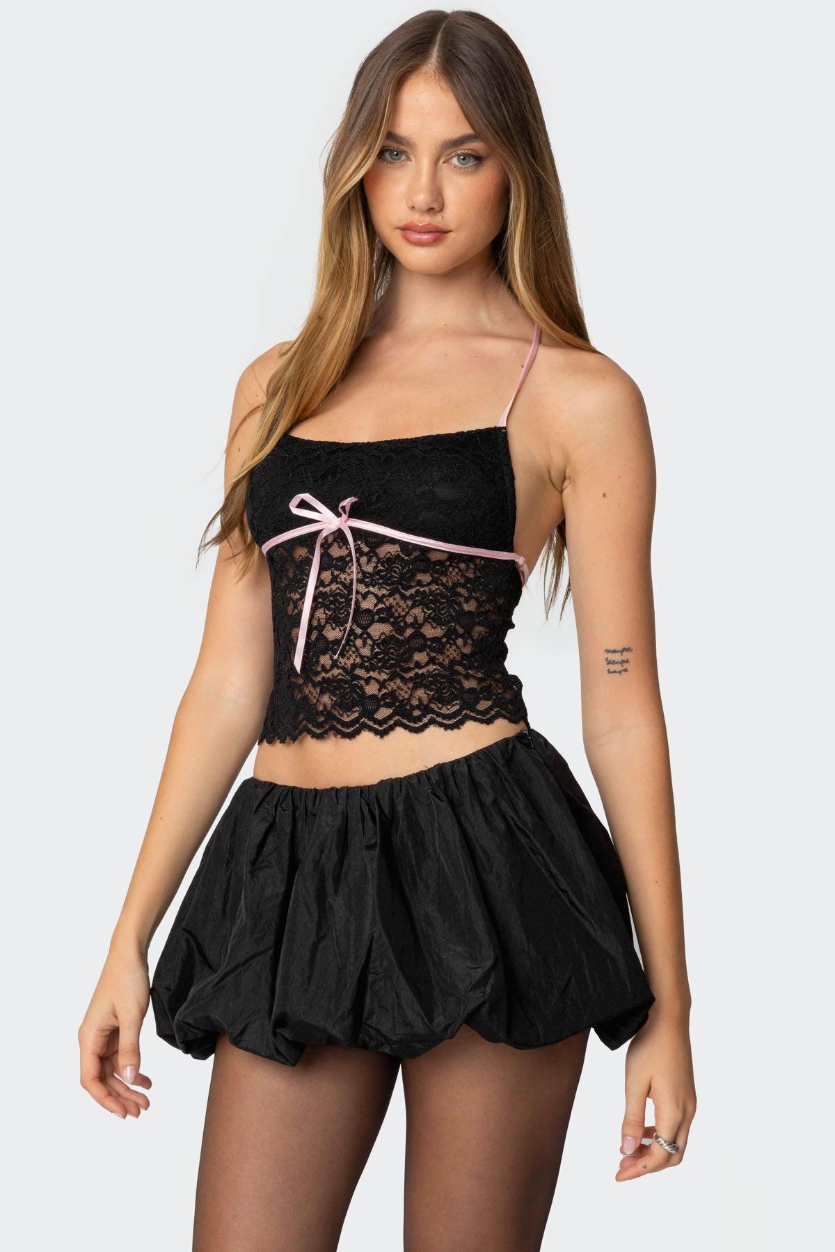 Contrast Ribbon Lace Halter Top Product Image