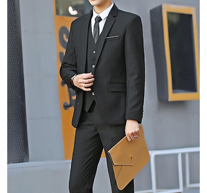 Set: Notch Lapel Plain Single-Breasted Blazer + Single-Breasted Vest + Mid Rise Straight Leg Dress Pants Product Image