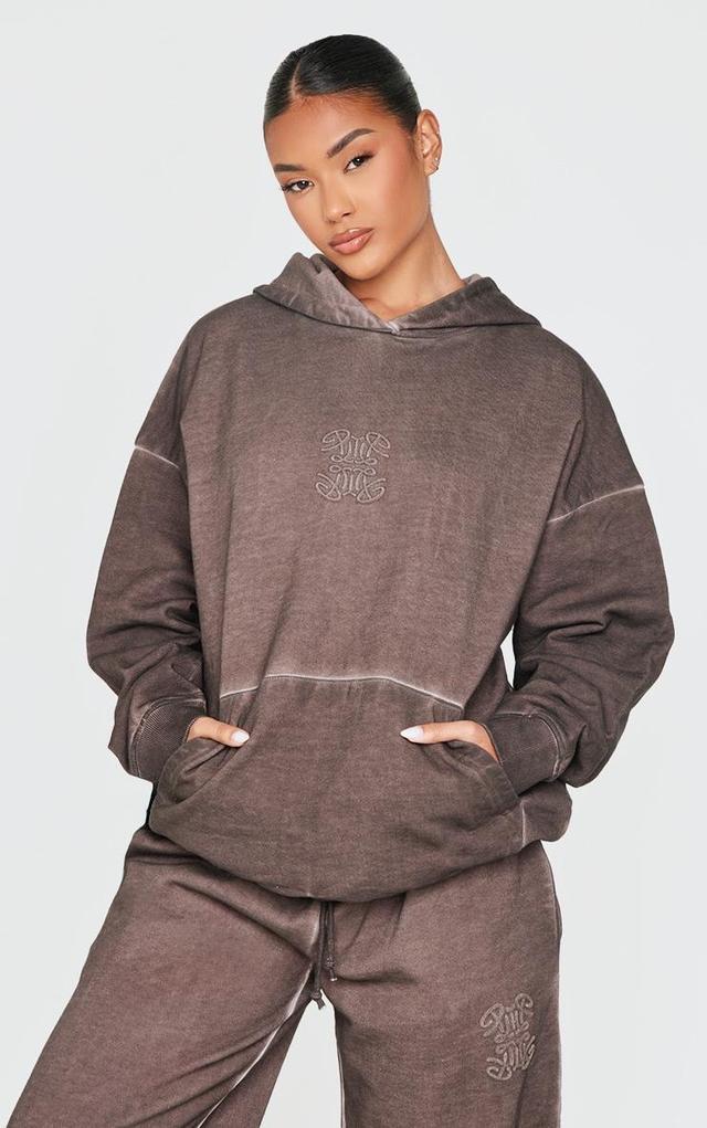 PRETTYLITTLETHING Washed Brown Premium Embossed Oversized Hoodie Product Image