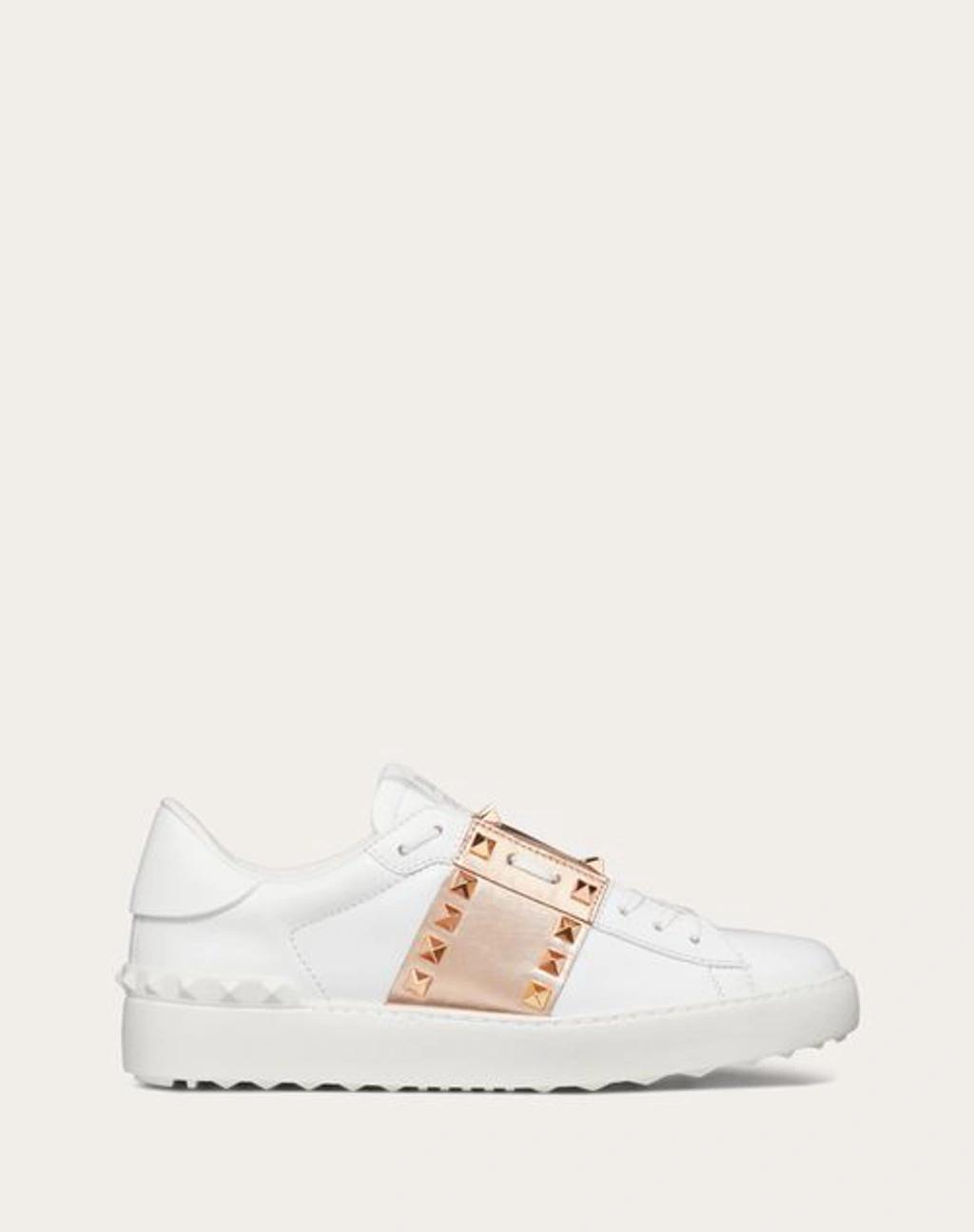 VALENTINO GARAVANI White Leather Rockstud Untitled Sneakers With Gold Rose Band Product Image