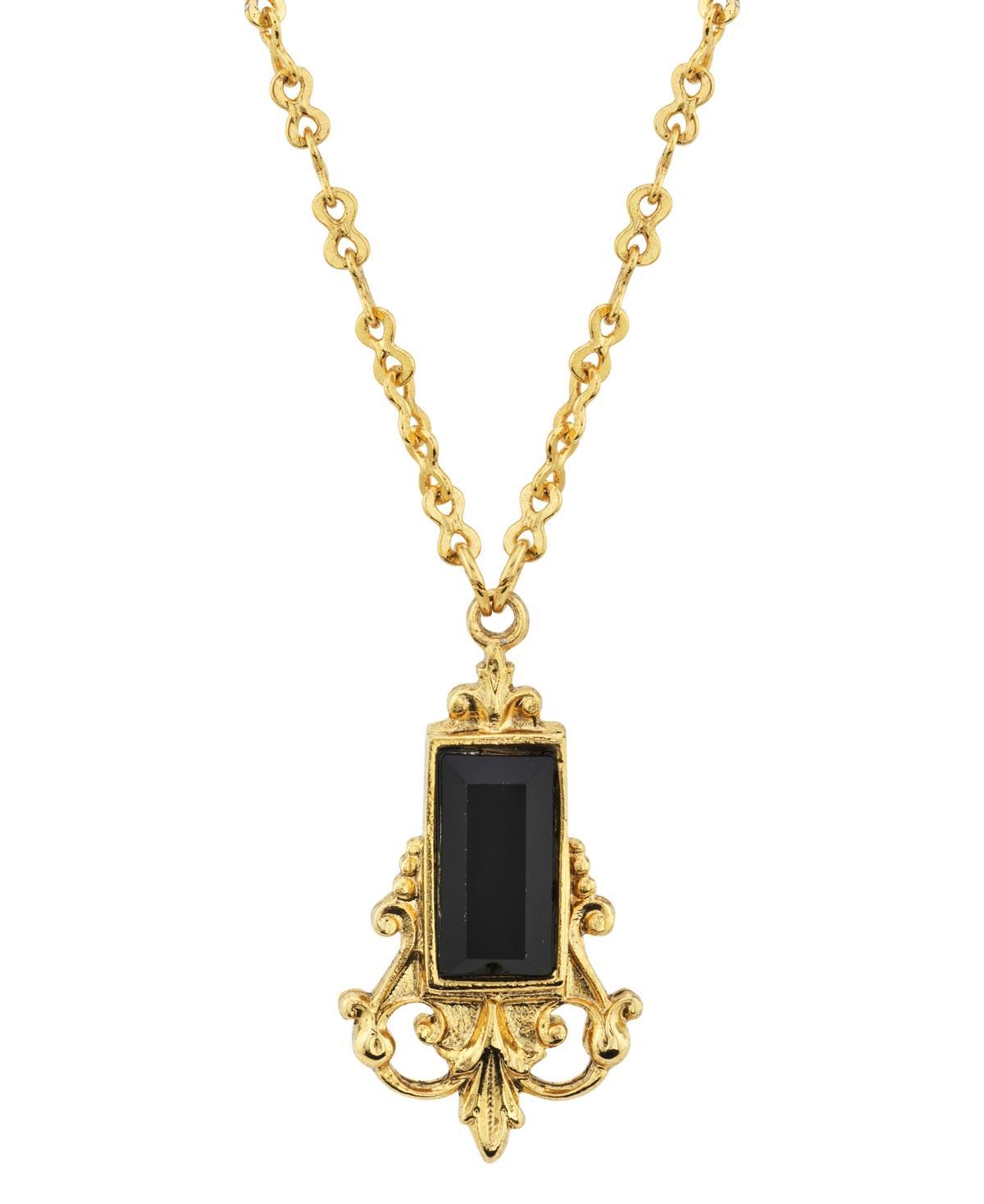 1928 Gold Tone Black Simulated Stone Filigree Pendant Necklace, Womens Product Image