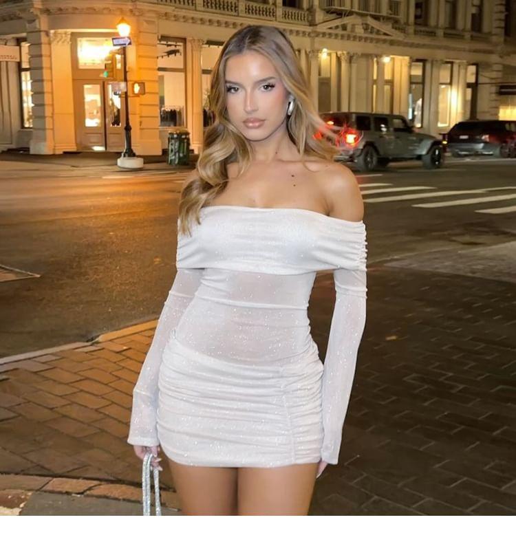 Long-Sleeve Off-Shoulder Glitter Ruched Mini Bodycon Dress Product Image