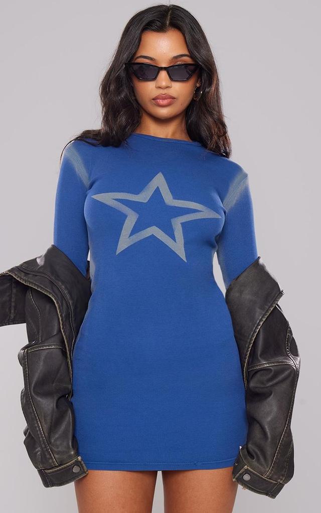 Blue Rib Star Graphic Long Sleeve Bodycon Dress Product Image