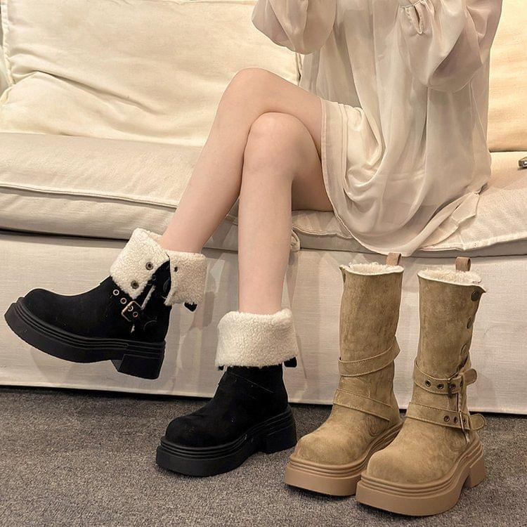 Faux Fur Buckled Mid Calf  Boots Product Image