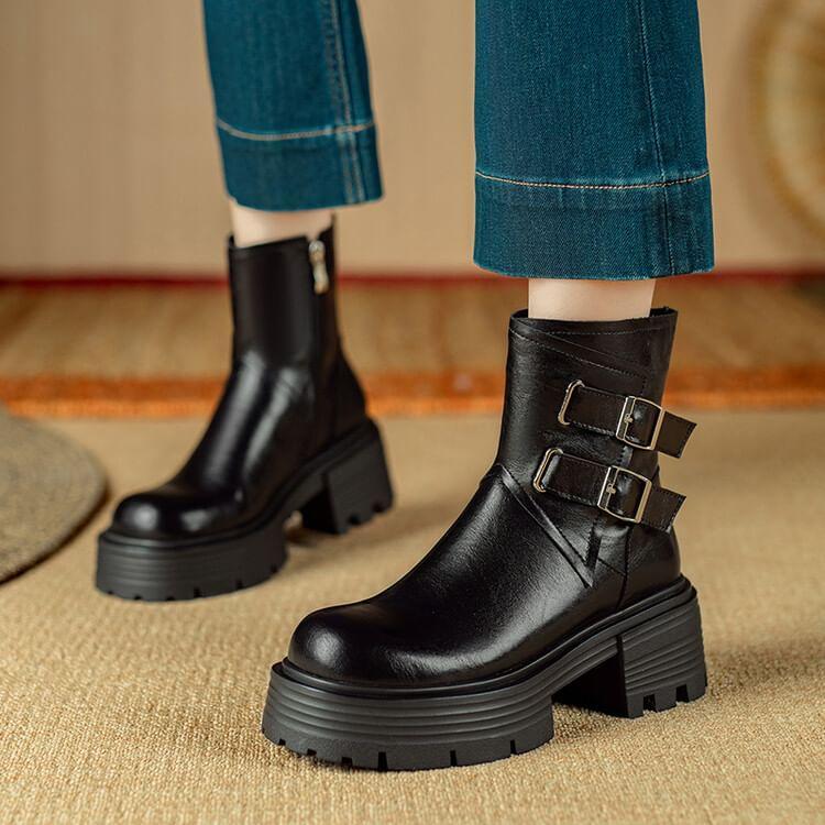 Platform Plain Buckled Zip-Up Genuine Leather Short Boots Product Image