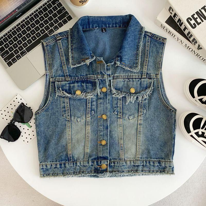 Washed Distressed Denim Single-Breasted Vest Product Image