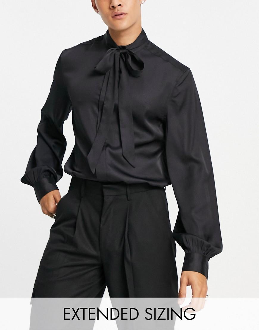 ASOS DESIGN satin shirt with tie neck and blouson volume sleeves-Black Product Image