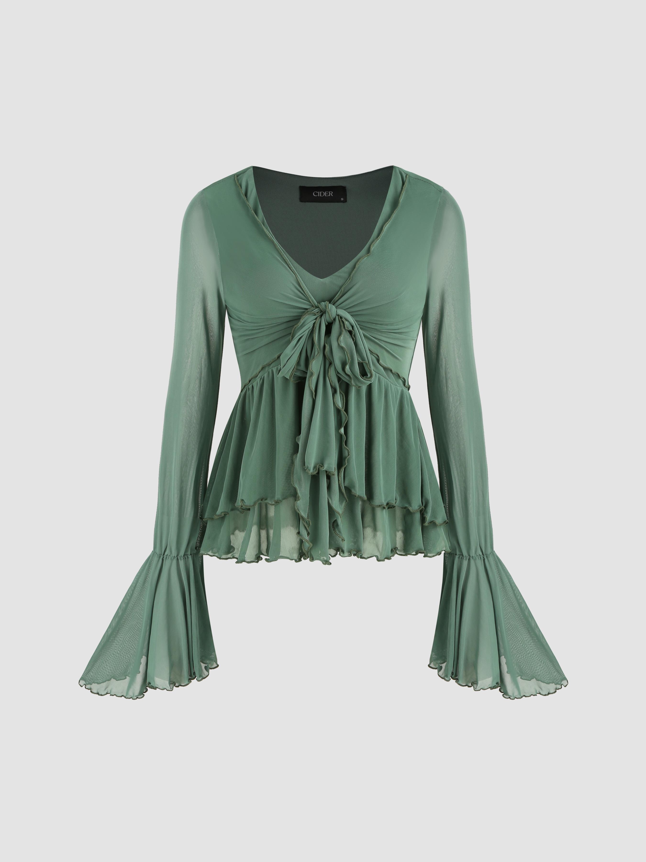 Mesh V-neck Ruffle Bell Sleeve Top Product Image