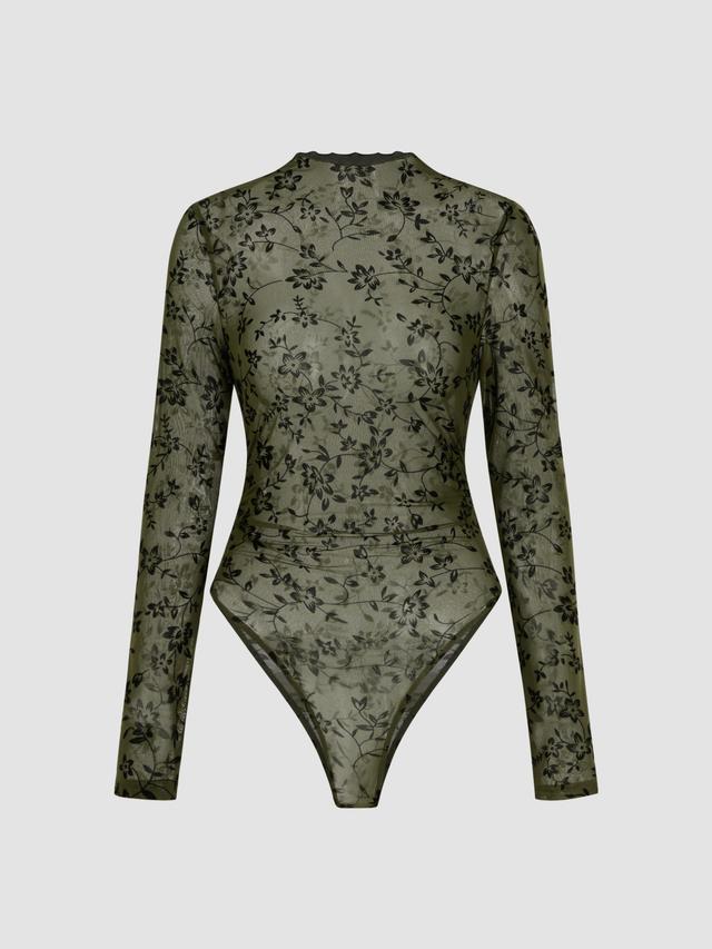 Stand Collar Floral See-through Lettuce Trim Bodysuit Product Image