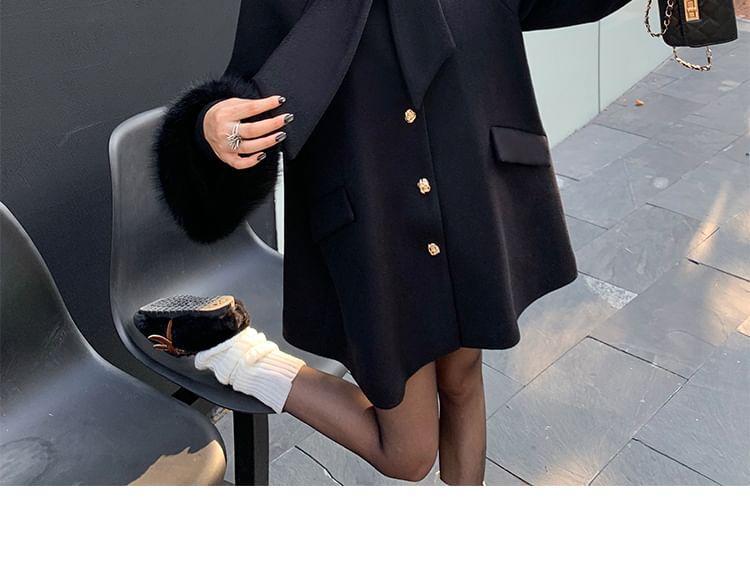 Tie Neck Plain Panel Faux Fur Button Coat Product Image