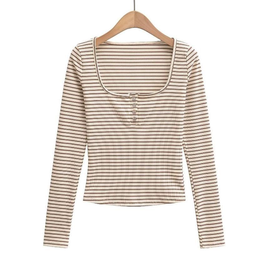 Long-Sleeve Square-Neck Striped Henley T-Shirt Product Image