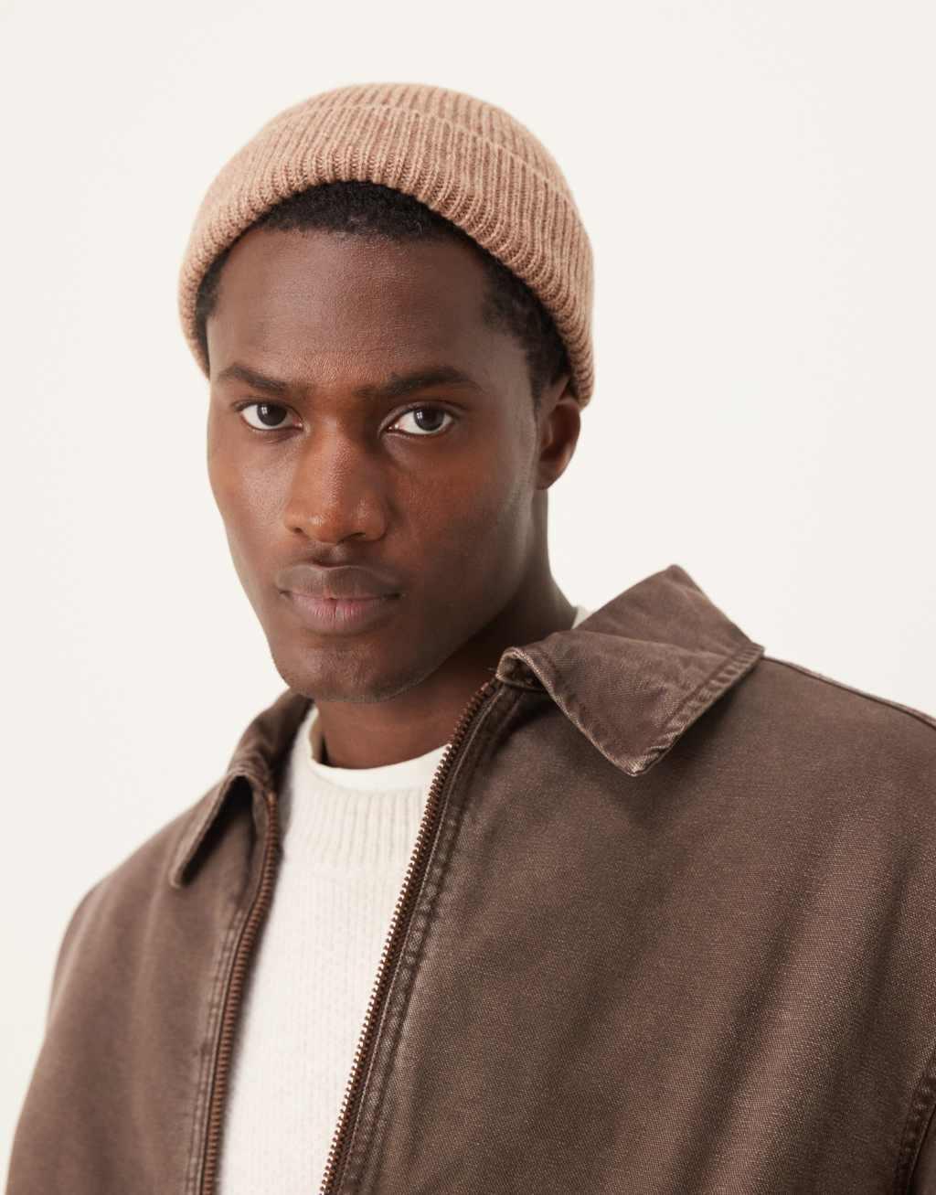 ASOS DESIGN lambswool mini fisherman ribbed beanie in brown Product Image