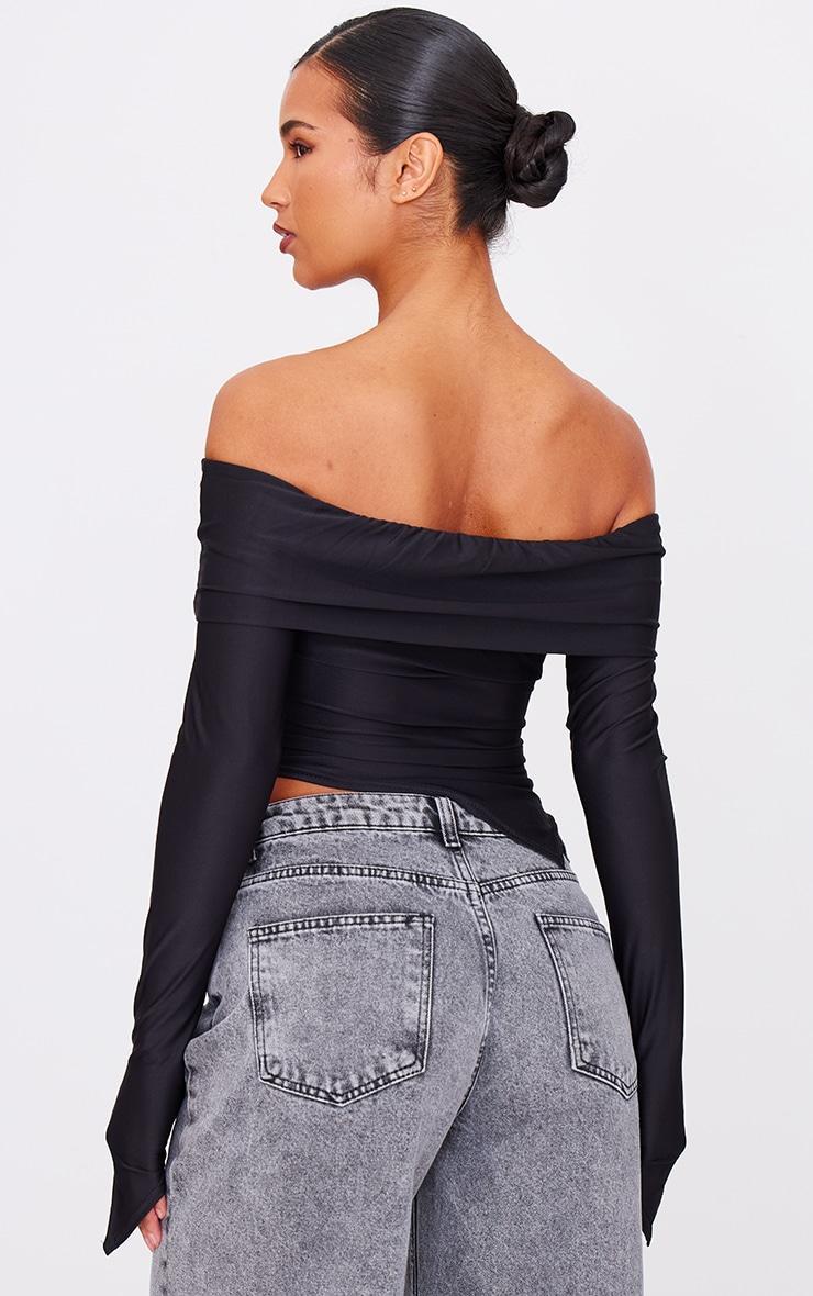 Black Slinky Bardot Asymmetric Long Top Product Image