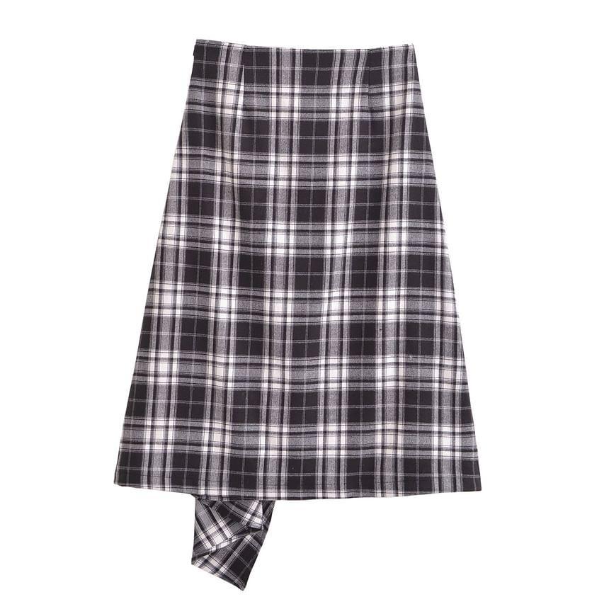 High Rise Plaid Midi A-Line Skirt Product Image