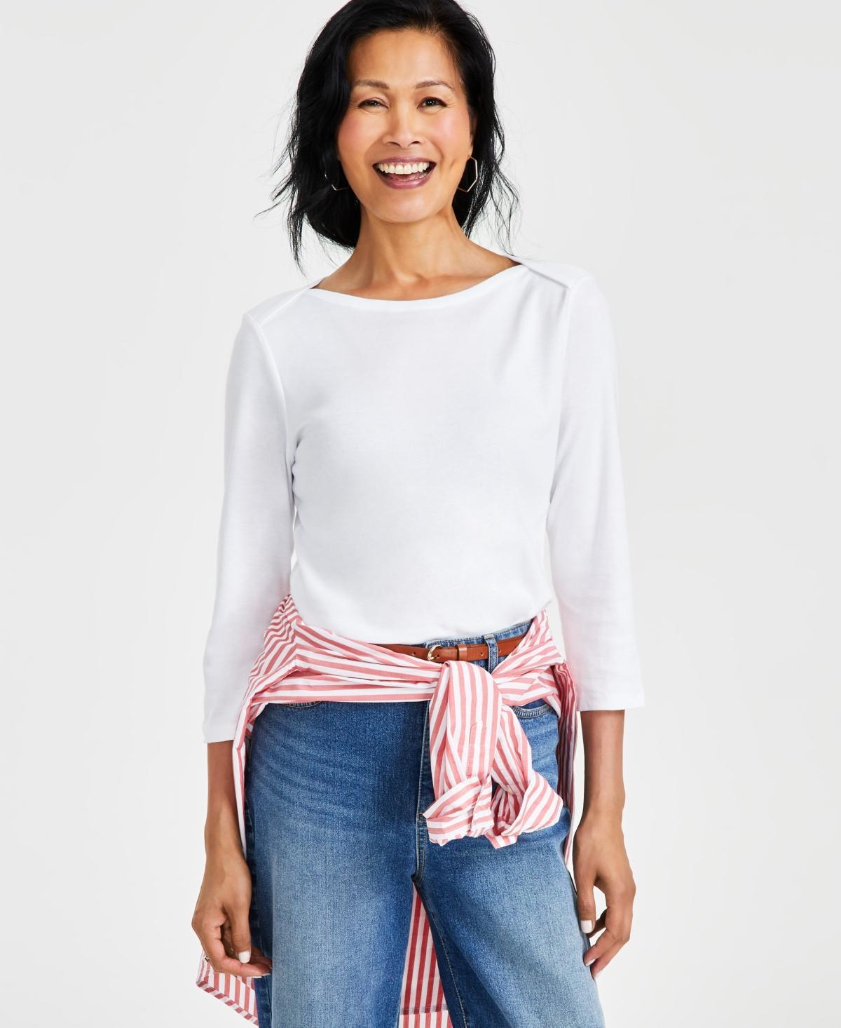 Style & Co Womens Pima Cotton 3/4-Sleeve Boat-Neck Top, Regular & Petite,Created for Macys Product Image