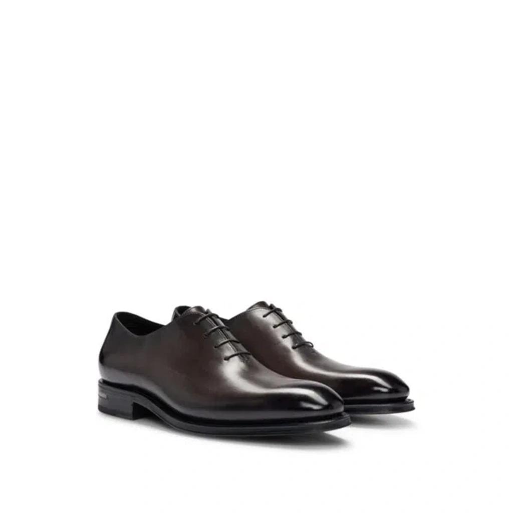 HUGO BOSS Leather Oxford Shoes With Burnished Effect In Brown Product Image