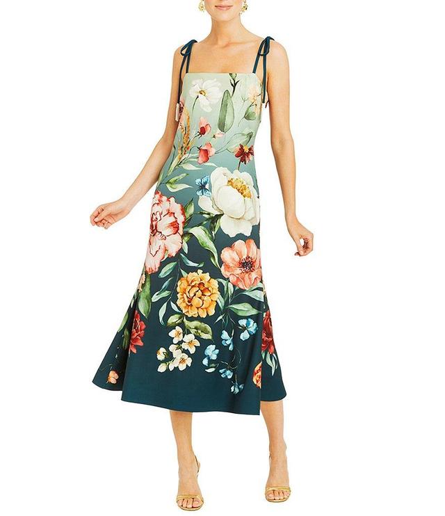 Mestiza New York Tropez Stretch Crepe Floral Print Square Neck Bow Strap Reversible Midi Fit and Flare Dress Product Image