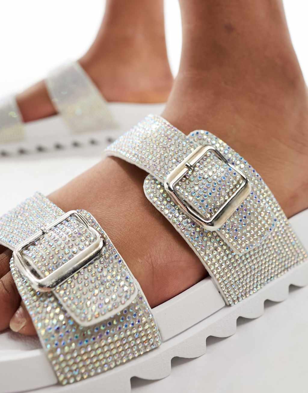 Glamorous rhinestone double strap slides in white Product Image