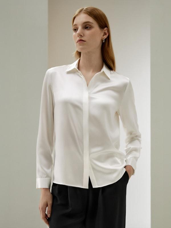 Basic Concealed Placket Silk Shirt Product Image