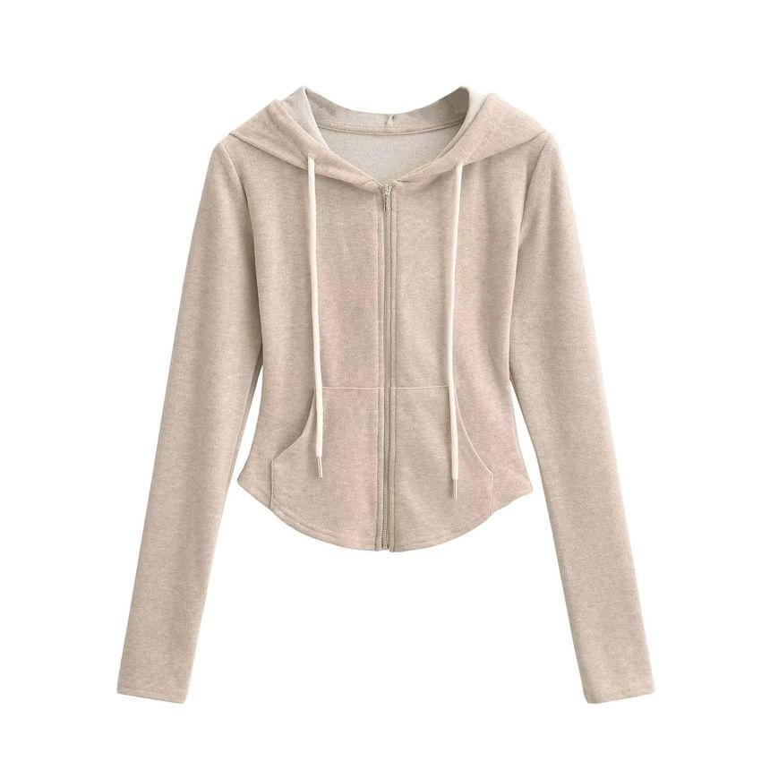 Drawstring Plain Zip Up Cropped Hoodie Product Image