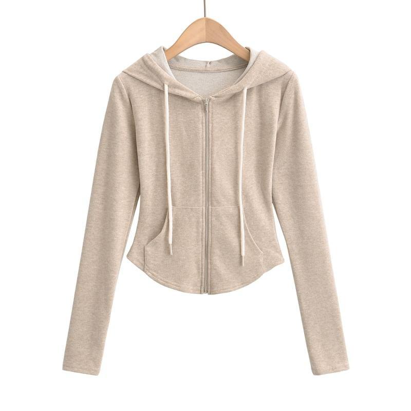 Drawstring Plain Crop Zip Hoodie / Drawstring Waist Plain Wide Leg Pants Product Image