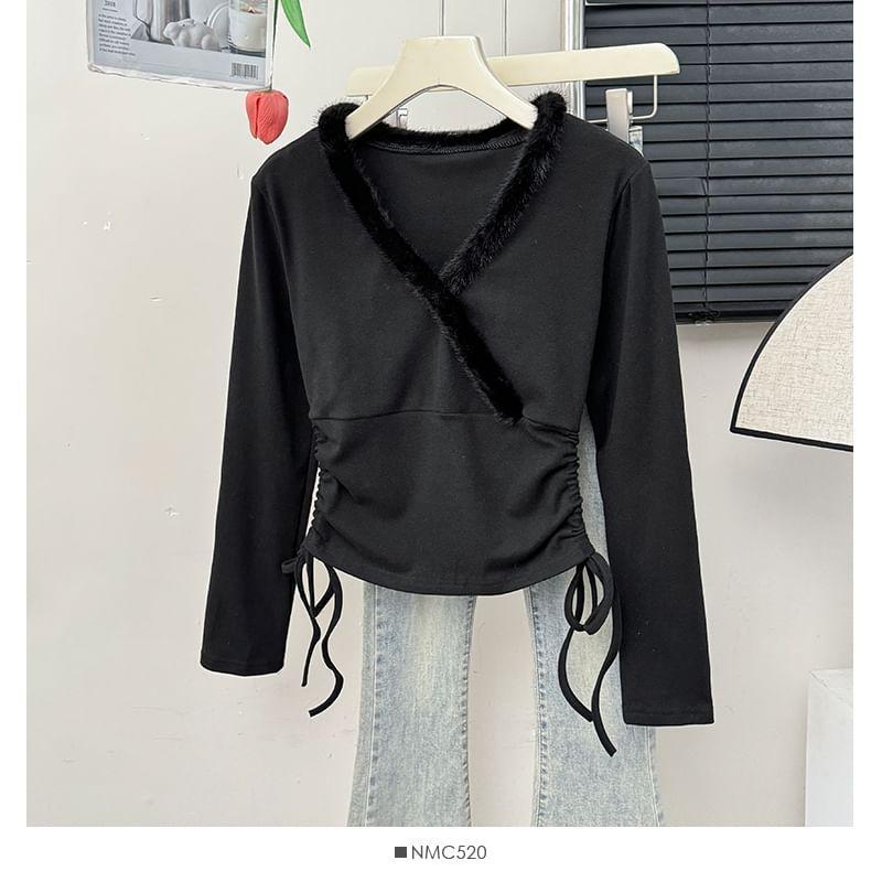 Furry-Trim V-Neck Drawstring Crop Tee Product Image