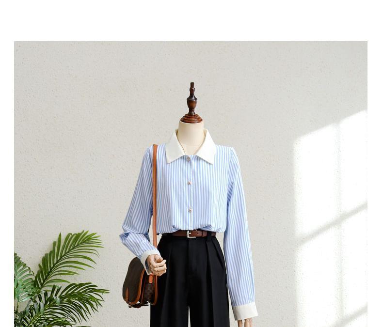 Long Sleeve Collared Striped Panel Shirt Product Image