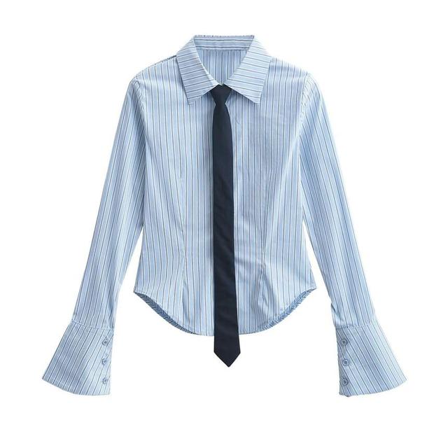 Long Sleeve Collared Striped Shirt with Necktie Product Image