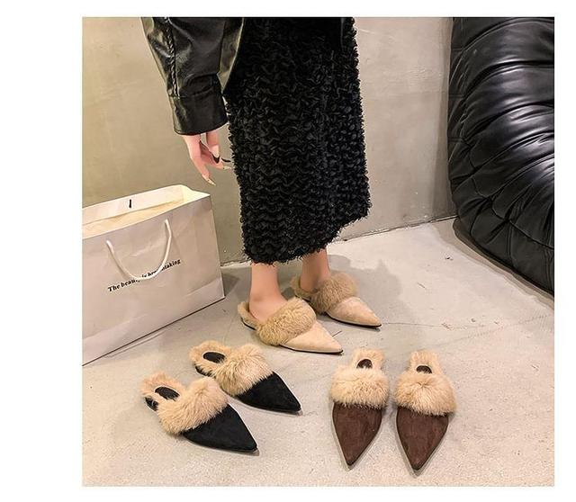 Low Heel Pointed Toe Fleece-Lined Mules Product Image