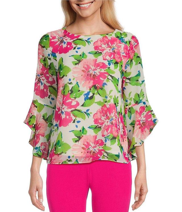 Kasper Floral Print Crew Neckline Ruffle 3/4 Sleeve Blouse Product Image