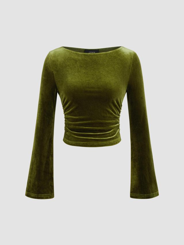 Velvet Boat Neck Solid Ruched Long Sleeve Crop Top Product Image