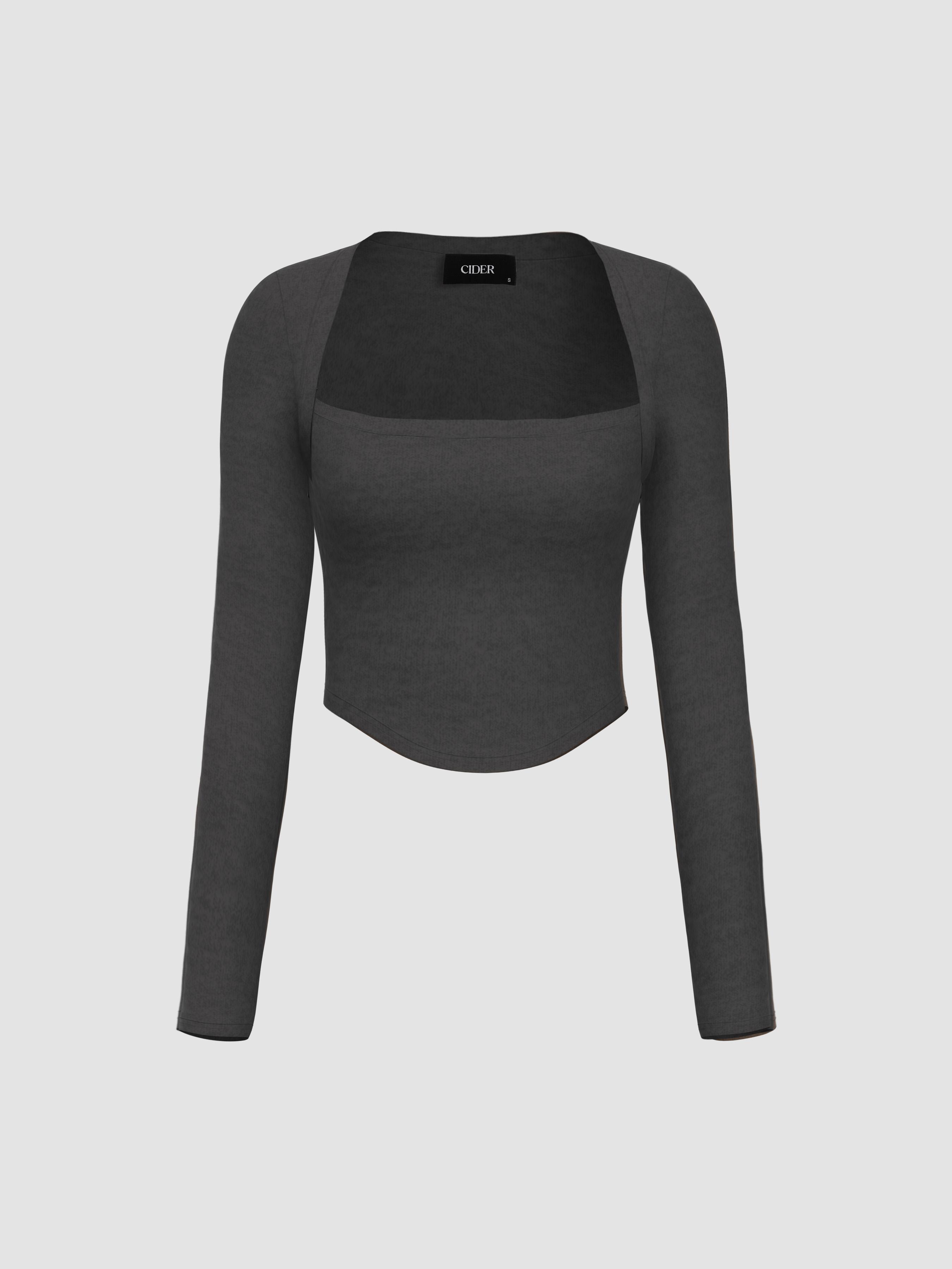 Square Neck Solid Long Sleeve Top Product Image