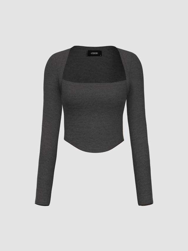 Square Neck Solid Long Sleeve Top Product Image