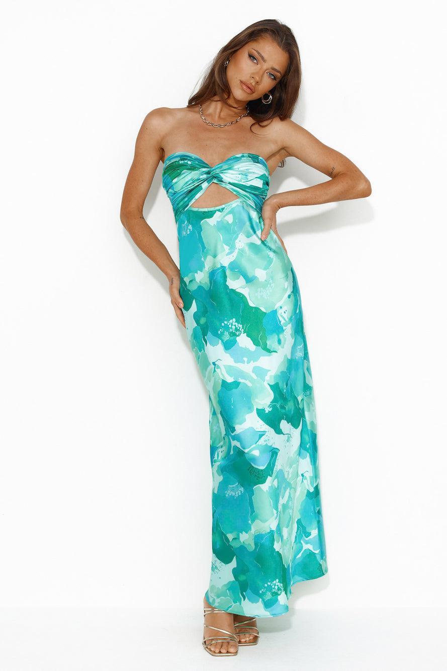 Color Bloom Strapless Satin Maxi Dress Green Product Image