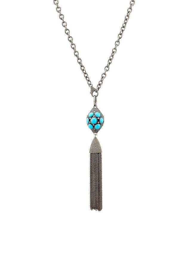 Womens Black-Rhodium-Plated Silver, Turquoise & 4.28 TCW Diamond Tassel Pendant Necklace Product Image