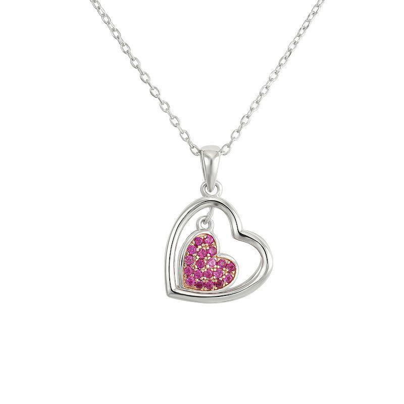 Two-Tone Sterling Silver Pink Cubic Zirconia Heart Pendant Necklace, Womens Product Image