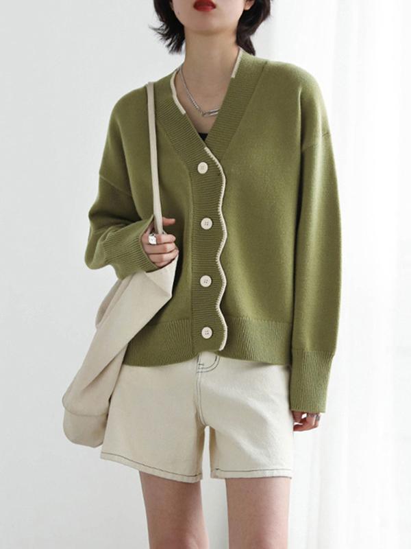 Casual Loose Long Sleeves Buttoned Contrast Color V-Neck Cardigan Tops Product Image