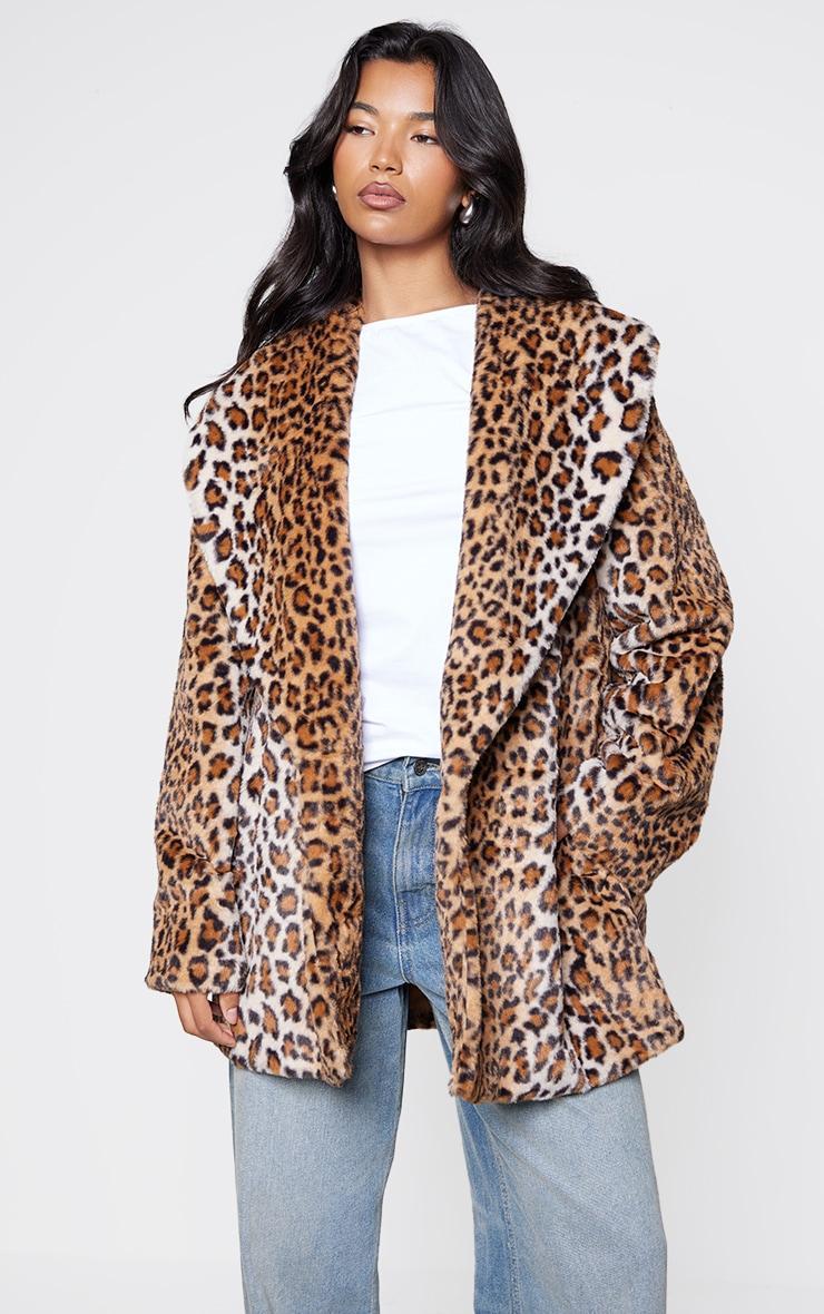 Brown Leopard Faux Fur Midi Coat Product Image