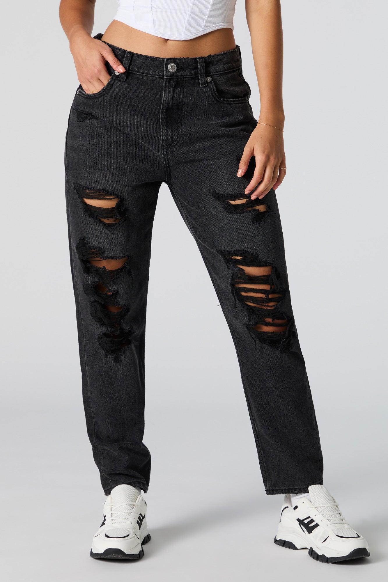 Distressed High Rise Black Wash Mom Jean Female Product Image