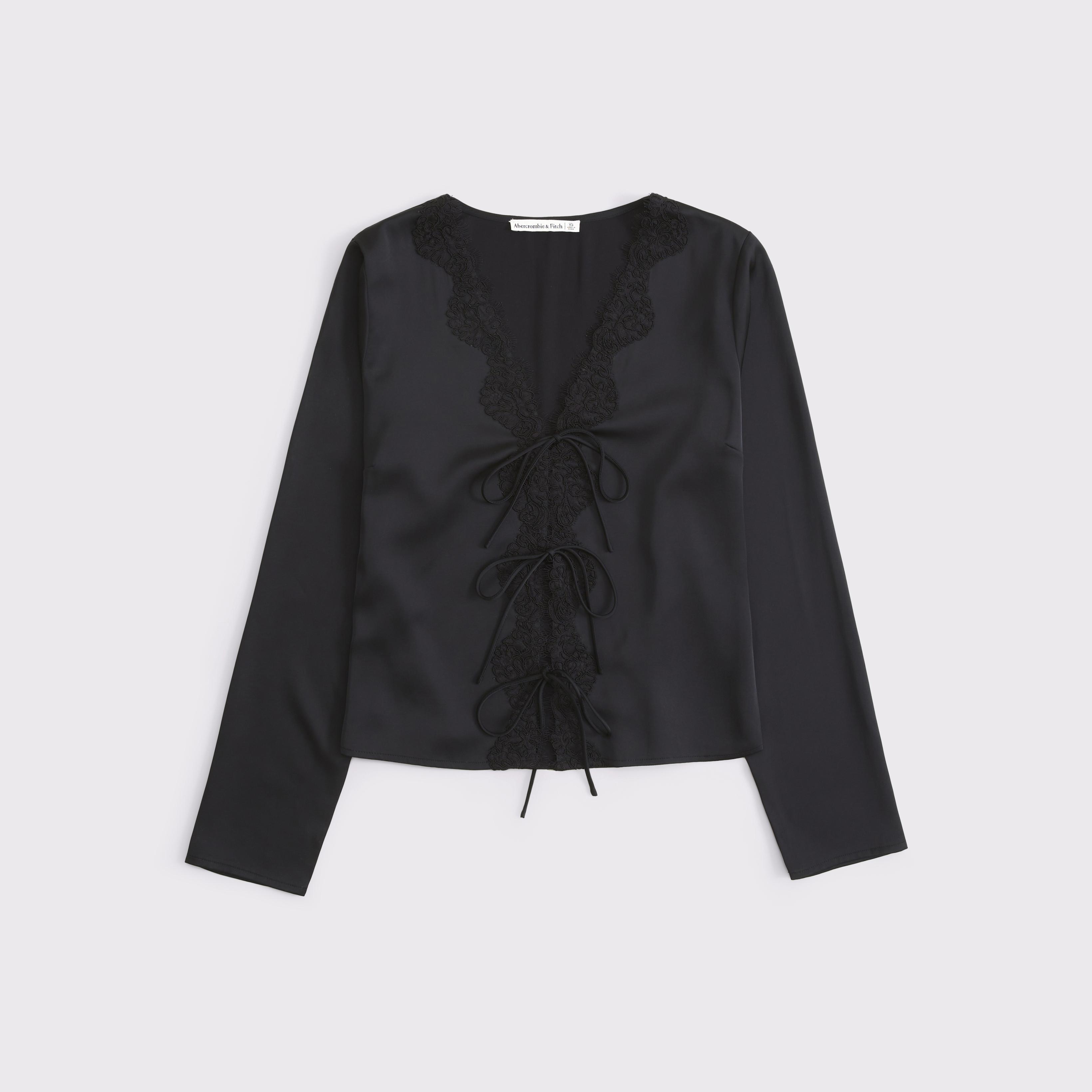 Long-Sleeve Lace-Trim Tie-Front Top Product Image